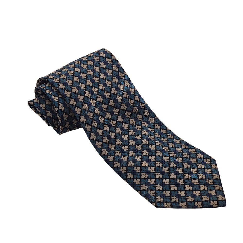 Brioni Italian Silk Tie Blue Silver Geometric Floral Luxury Sartorial Iridescent